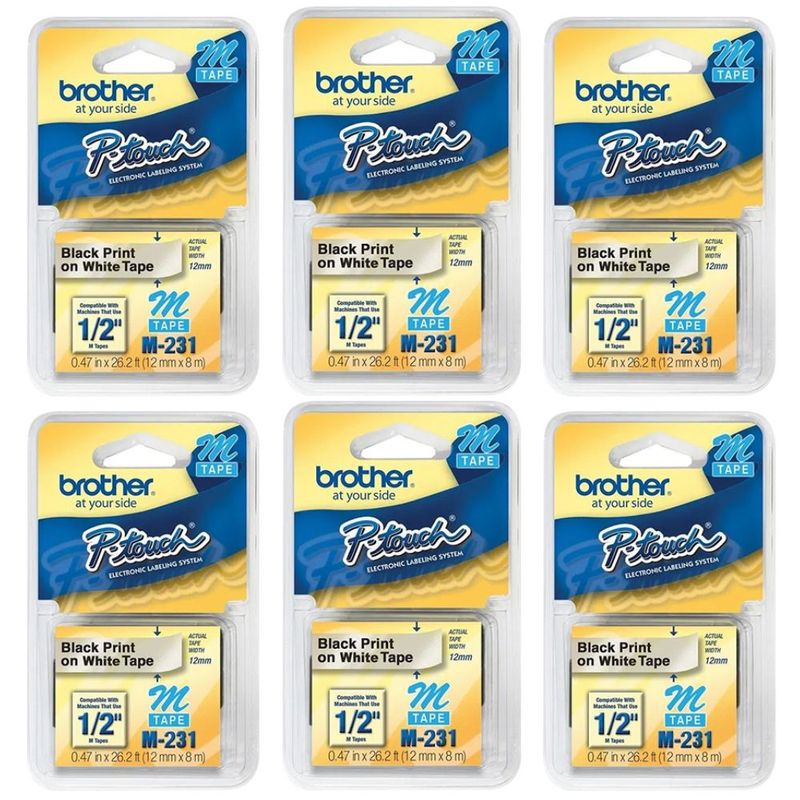 kit-6-fitas-rotulador-brother-12mm-m231-preto-branco