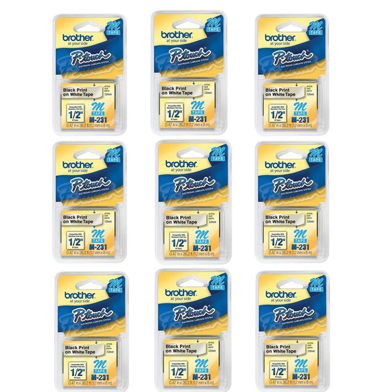 kit-9-fitas-rotulador-brother-12mm-m231-preto-branco