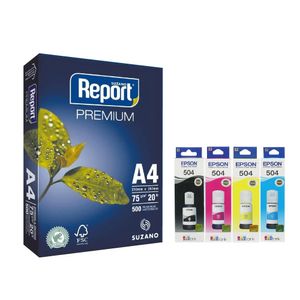 Kit Epson Refil Tinta 4 Cores Original T504 + Papel A4 500 Folhas
